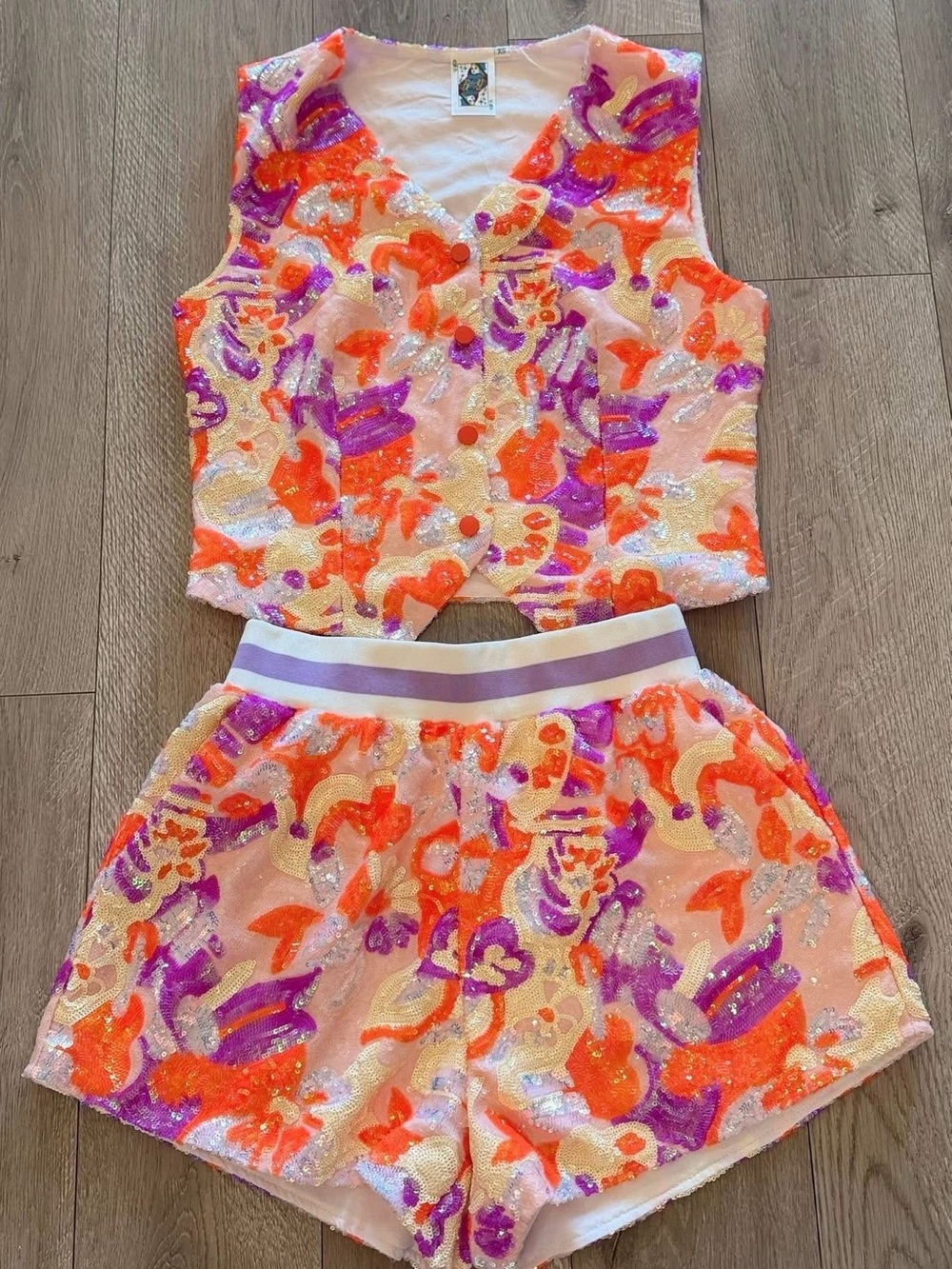 Sequin Vest and Shorts Set - Pink, Orange & Purple